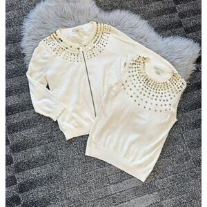 Michael‎ Kors Cream Lined Cardigan And Tank Set W/Gold Zippers & Sequins Large